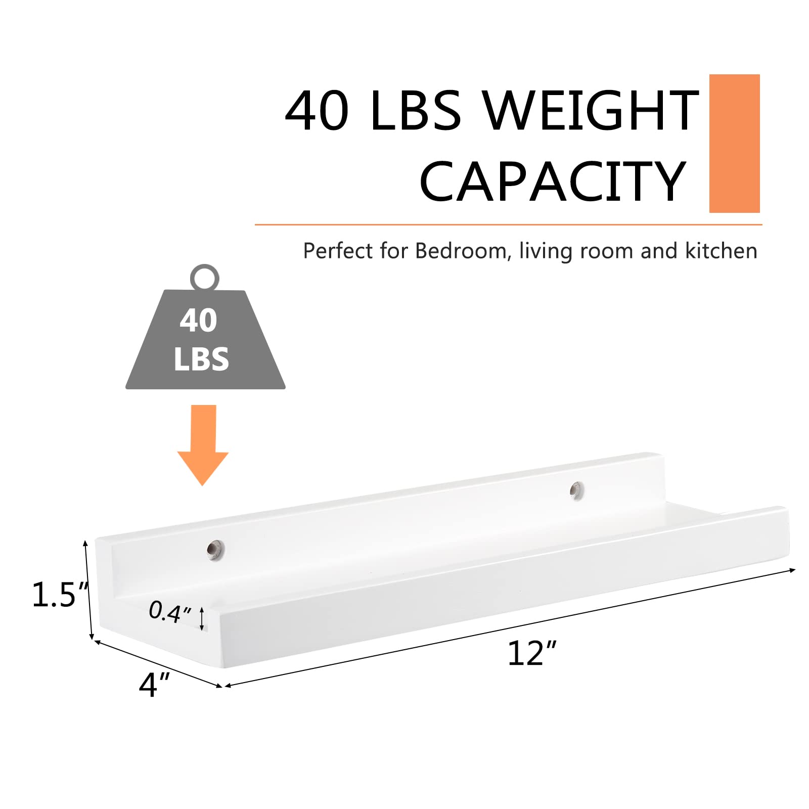 Recogwood 12 Inch Floating Shelves Wall Mounted, Solid Wood Wall Shelves for Decor and Storage, Picture Ledge Shelf for Bedroom/Bathroom/Living Room/Kitchen/Laundry Room, White Color, 12*4*1.5, 1 Pack