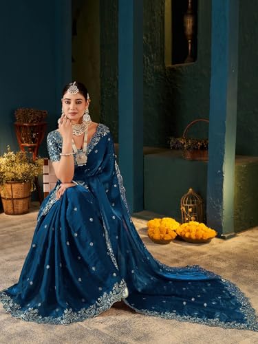 Image of SIRIL Women's Tissue Silk Sequence Embroidery Saree with Unstitched Blouse Piece