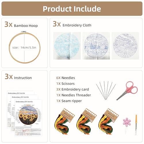 Image of KEKEMEOW 3 Sets Embroidery Kit for Beginners, Stitches with Rural Scenery, Embroidery Stitch Practice kit for Adults Craft Lover, Needlepoint Hand Embroidery Kit with Pattern、Instruction、Hoop