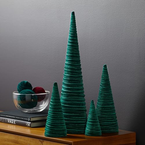 Image of Your Heart's Content Velvet Trees Set of 4 Emerald, Winter Mantle, Valentine Tabletop Tree, Glam Entryway, Shelf Accent, Wedding Centerpiece, Cozy (Emerald)