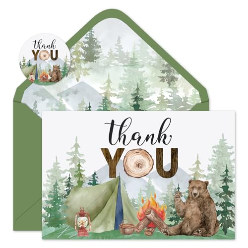 Cartes de remerciement camping et forêt aquarelle, lot cartes de notes vierges avec autocollant