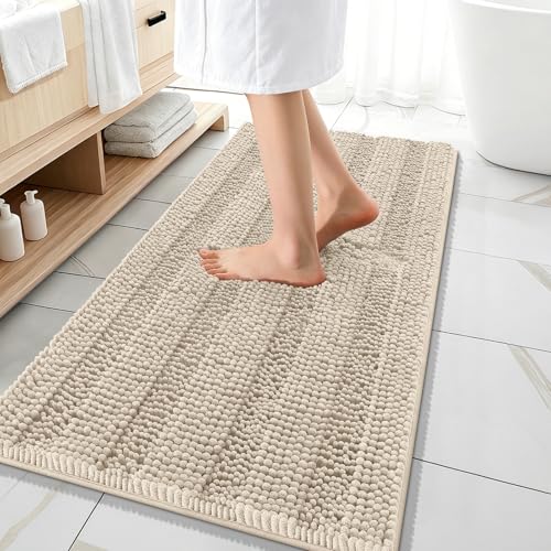 Image of OLANLY Thick Bathroom Runner Rugs 47x20, Extra Absorbent Chenille Striped Bath Rugs, Rubber Backing, Machine Wash Dry, Long Bath Mats for Bathroom Floor, Tub and Shower, Home Decor Accessories, Sand