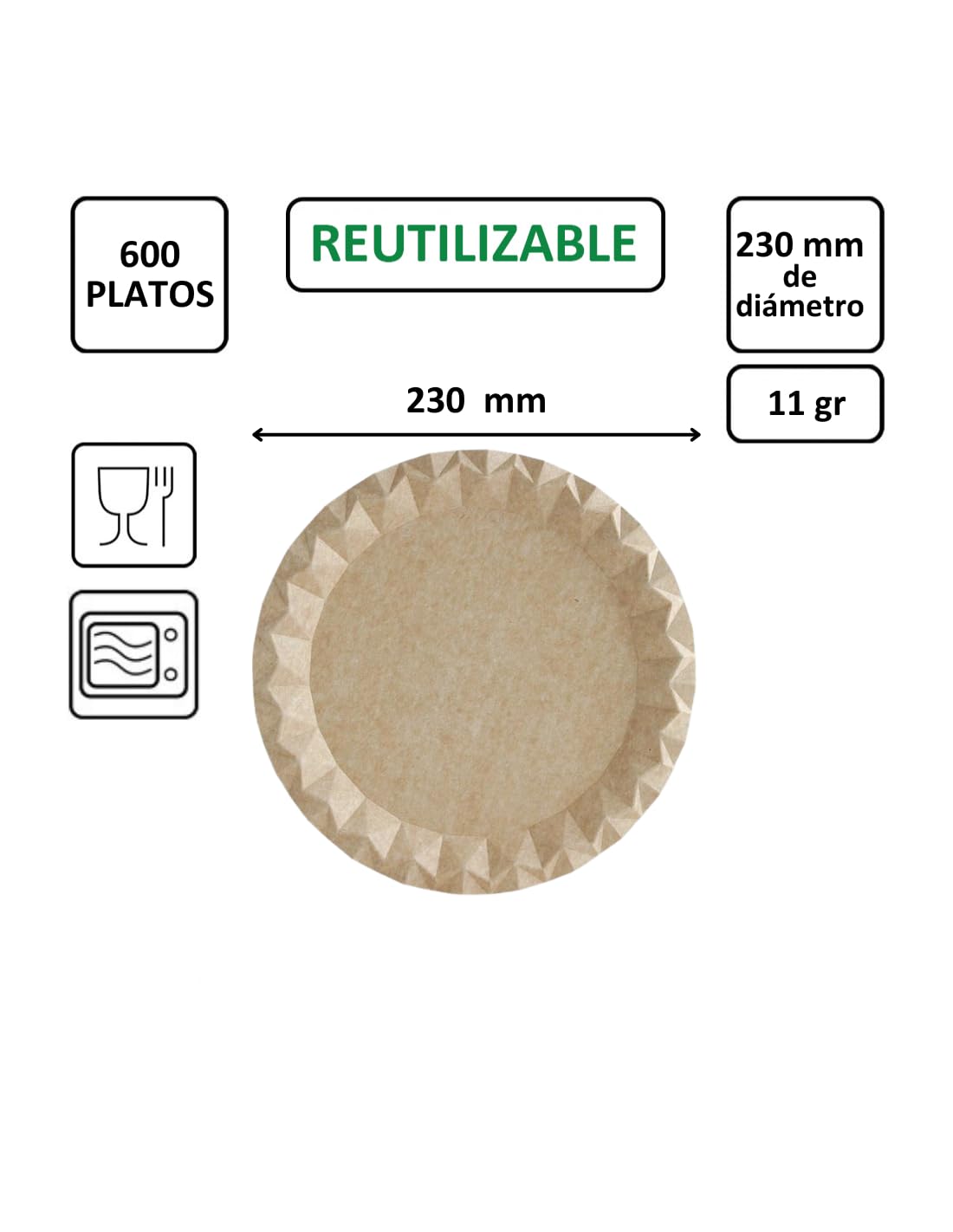 600 uds - Platos llanos redondos 230 mm cartón kraft ecológico - Desechables, reciclables y compostables - Ideal para fiestas, cumpleaños, bares, restaurantes, eventos, catering