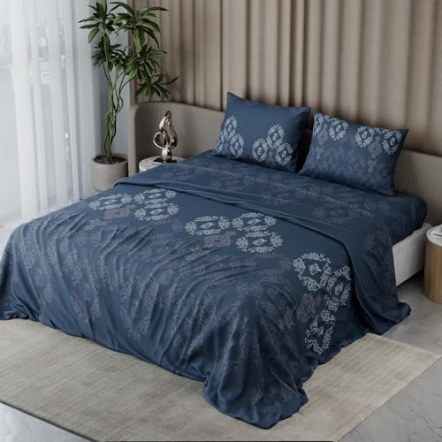 Image of BLISSHOME Everlast 150TC King Size Printed Bedsheet with 2 Pillow Covers for Double Bed, Aesthetic Bedding, Wrinkle Resistant, 100+ Wash Durable, Quick Dry, Ornate Design - Blue (228cm x 274cm)