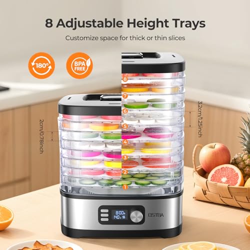 Image of OSTBA 8-Tray Food Dehydrator, 72H Timer & Temp Control up to 158℉, Includes 8 Mesh Sheets, 1 Fruit Roll Tray, 1 Tongs, Recipe Book for Jerky, Fruit, Meat, Vegetables, Herbs, BPA-Free