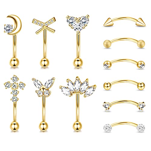Dochais 12 Pièces Piercing Sourcil Or, Piercing Barre Courbe, Bijoux Piercing Rook, Barbell Piercing Oreille, Piercing Rook Fleur Coeur Lune, Daith Piercing Oreille pour Femme Filles Homme 16G Cover