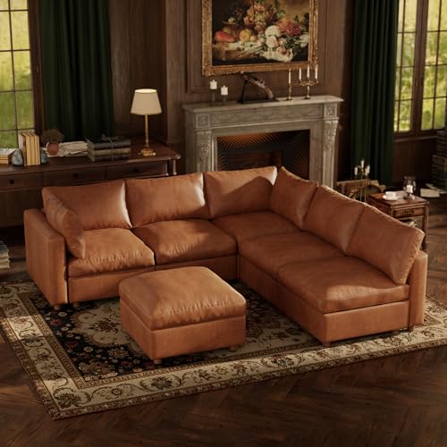 Image of 99'' Faux Leather Modular Sectional Sofa with Storage, Oversized Mid Century Modern Leather Sectional Couche for Living Room, 5 Seater Deep Seat Couch with Storage Ottoman, L-Shaped, Camel