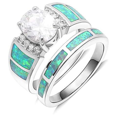 UFOROO Green Opal Ring Set Platinum Plated Wedding Rings for Women Fashion Jewelry Cover