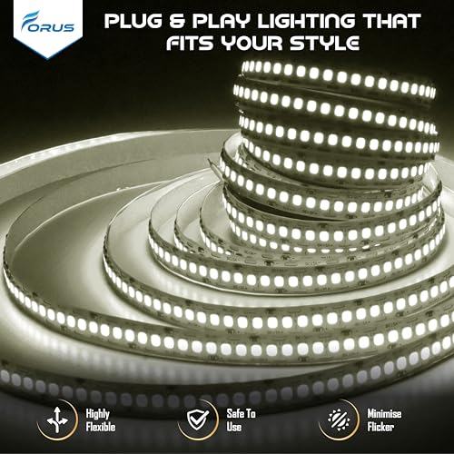 Image of Forus 5 Meter (5M) 10MM Natural White LED Strip Light, 240 LEDs /M Plug & Play Flexible Lighting for Home Decor, False Ceiling, Pooja Room, Living Room, Kitchen, Mirror, Stairs, 2-Year Warranty