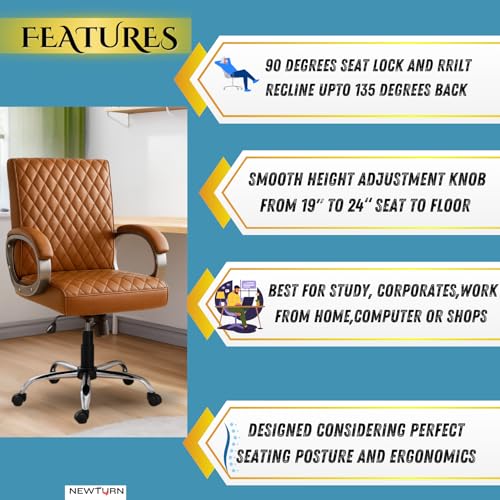 Image of NEWTURN Beta Mid Back Office Chair, Brown Leatherette Ergonomic Design with Height Adjustment, Metal Chrome Base, 360 Swivel for Study and Work from Home & 1 yrs Parts Replc. Warranty