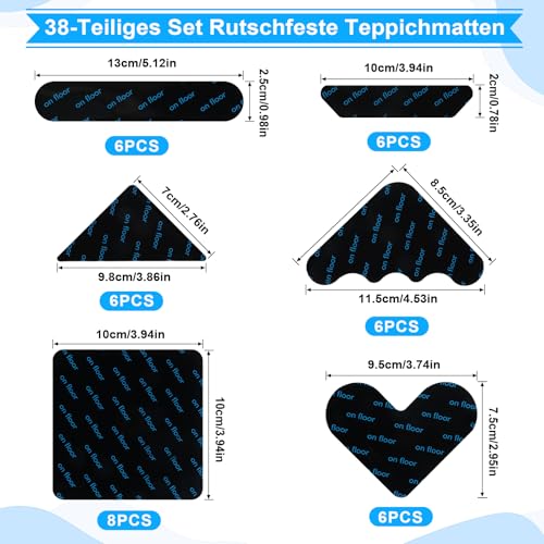 38 Stück Antirutschmatte für Teppich Stopper rutschfest, Teppich Antirutsch Pads Quadratisch Dreieckig Streifenförmig, Selbstklebend Anti Rutsch Teppichunterlage Geeignet für Holzböden und Fliesen