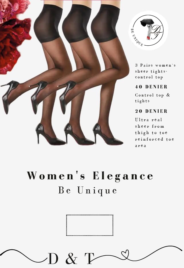 Image of D&T 3 Pairs of Women's Sheer Tights - 20D Control Top Pantyhose with Reinforced Toes