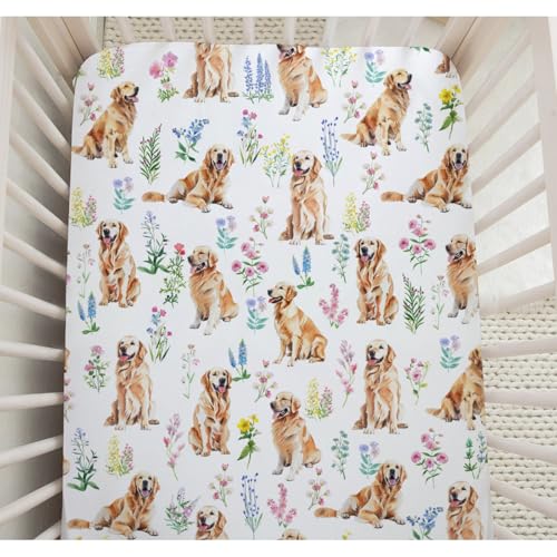 Image of SqtmuHLuo Baby Crib Sheets for Boys Girls Golden Retriever Flower Fitted Crib Sheet for Standard Crib and Toddler Mattress Baby Crib Sheets Neutral Crib Mattress Sheet Stretchy Baby Sheet 28''×52''