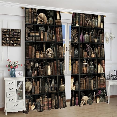 Tikrbmlb Gothic Library Book Blackout Curtains, Retro Bookshelf Skull Floral Candles Home Decor Rod Pocket Window Drapes For Living Room Bedroom- 2 Panels 45 Inch L X 42 Inch W thumb #3