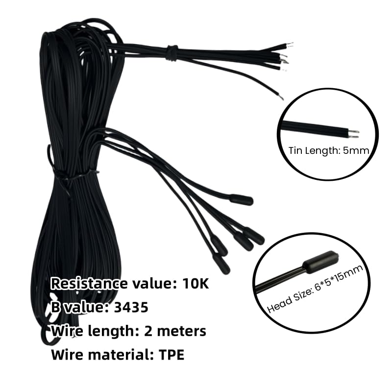 5Pcs Temperature Probe Sensor MF58B Super Waterproof TPE Injection Probe Sensor TPE6x5x15mm Thermistor 10K 3435 Iine Iength 2 Meters.