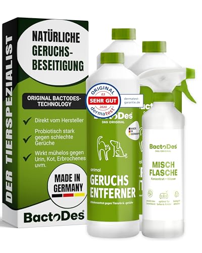 BactoDes - Animal Geruchsneutralisierer 3L Konzentrat mit Spray-Mischflasche - Starker Enzymreiniger Katzenurin, Hundeurin & Tiergerüche - Effektiver Geruchsentferner mit Bio...