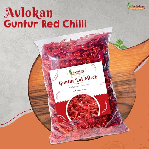 Image of Avlokan Guntur Red Chilli Whole with Stem - 100% Natural, Hot & Spicy Dried Red Chilli | Guntur Sabut Lal Mirch Guntur Withstem Red Chilli, 500 grams