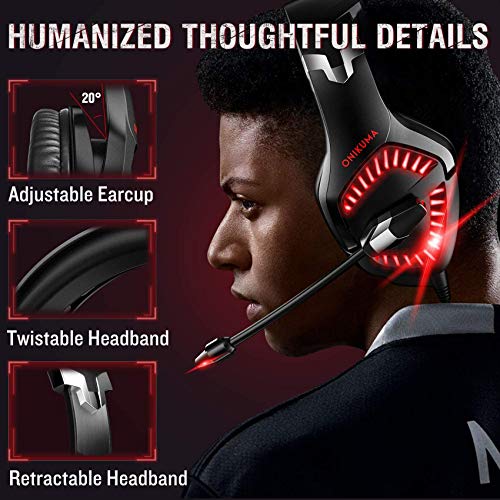 ONIKUMA Gaming Headset - Gaming Headphone with Microphone and Surround Sound, Red LED Light, Noise Canceling Soft Memory Ear Cup Headset for PC, PS4, Xbox One (Adapter Not Included)