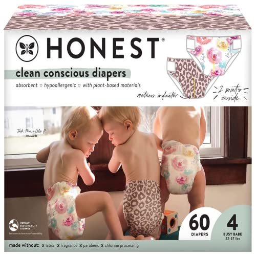 Image of The Honest Company Clean Conscious Diapers | Plant-Based, Sustainable | Wild Thang + Rose Blossom | Club Box, Size 4 (22-37 lbs), 60 Count (Pack of 1)