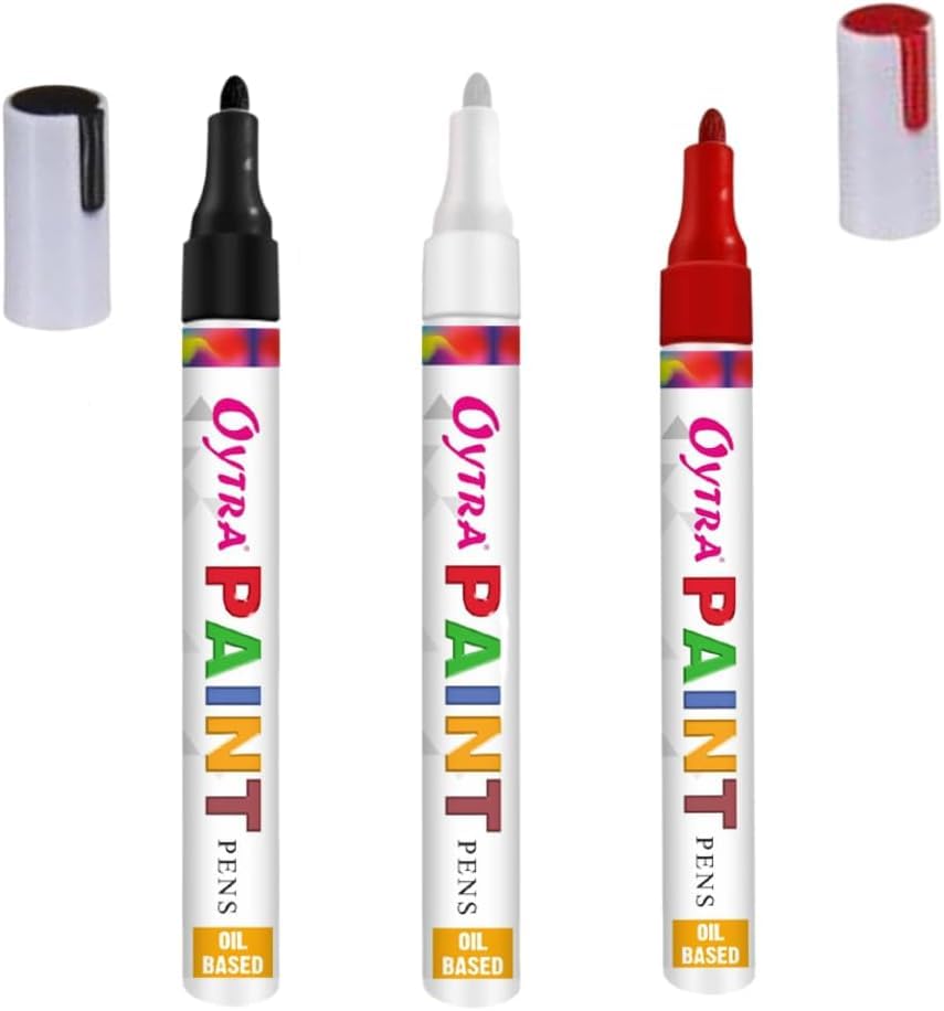 Oytra Paint Marker Pens Permanent Waterproof Oil Based Individual Pens Works and All Surfaces, Wood, Fabric, Steel, Glass (Black, White, Red) (Multicolor)
