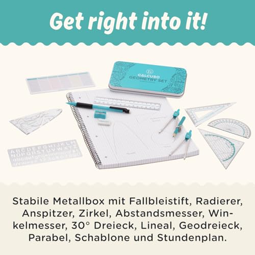 CALCUSO Geometrie Set 14-Teilig mit Zirkel, Geodreieck in Stabiler Metallbox - praktisches Mathematik-Set für Schule, Büro, Uni, Zeichnungen, Grundschulen