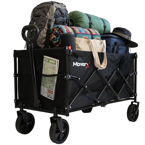 MoverX 150L Festival Trolley on Wheels Folding Wagon Portable Camping Cart Collapsible Foldable Trolly for Beach Outdoor Garden Picnic Shopping Fishing Adjustable Handle Black