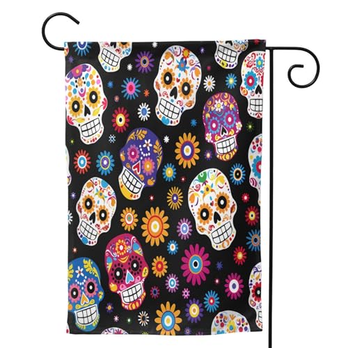 Mexpekil Bandera mexicana de jardín con diseño de calavera de azúcar de 12 x 18 pulgadas, doble cara, bandera de bienvenida decorativa al aire libre para patio, césped