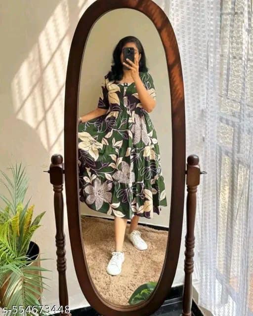 Image of Women's Rayon A-Line Midi Dress, Floral Print, Short Sleeves, Round Neck, Tiered Design