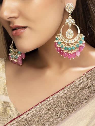 Image of Rubans Chandbali Earrings Kundan Pearl Beads Traditional Wedding Jewellery for Women & Girls