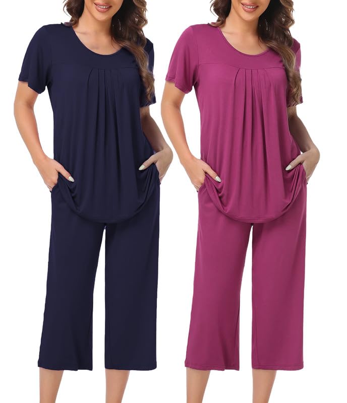 COLORFULLEAF Damen Schlafanzug Kurzarm Pyjama Set aus Bambus Zweiteiliger Kurzarm Nachtwäsche und Schlafanzug 3/4 Hose