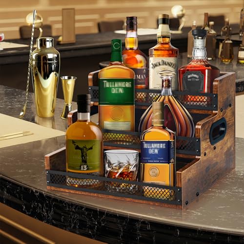 Alyoen Étagère de présentation pour Bouteilles d'alcool, 12 Bouteilles de sirop de café, étagère à vin à 3 Niveaux, Organisateur d'alcool avec clôtures et poignées, Support rétro pour la Maison, pour – vue 3