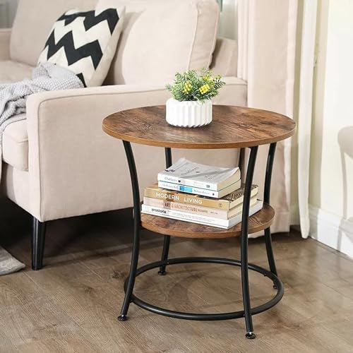 Image of Round end Table with 2 Shelves for The Living Room and Bedroom, Metal-Framed nightstand for Compact Spaces, and Outside Accent Coffee Table-Black Brown