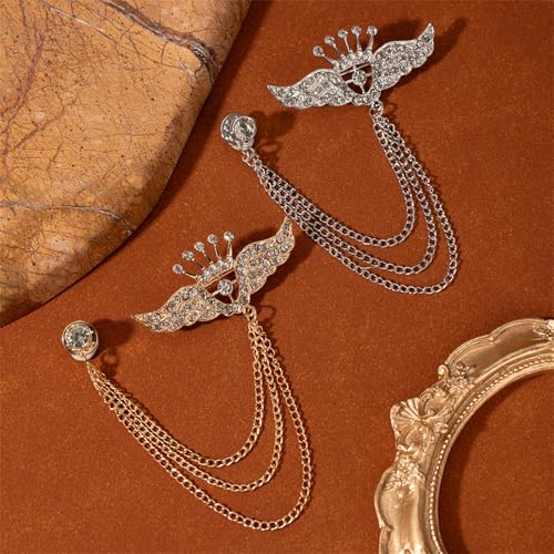 Image of coadipress Crown With Hanging Chain Brooch for Women Men Elegant Gentlemen Gold Silver Crystal Crown Lapel Pin Vintage Rhinestone Wedding Brooch Suit Shirt Pin Accessories