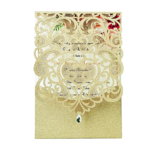 Hosmsua 50PCS Champagne Gold Wedding Invitations Kit 5 x 7.3 Inch Laser Cut Hollow Rose Rhinestone Pocket with Envelope for Wedding Bridal Shower Invite (Champagne Gold Glitter)