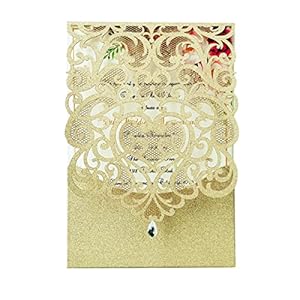 Hosmsua 50PCS Personalized Wedding Invitations Kit 512 x 73 Laser Cut Hollow Rose Rhinestone Pocket with Envelope for Wedding Quinceanera Invite Champagne Gold Glitter
