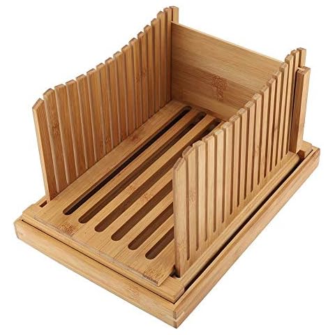 Biuzi Bread Slicer, Adjustable Foldable Bamboo Bread Cutting Slicer Guide with Crumb Catching Tray Cover