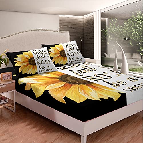 Castle Fairy Watercolor Sunflowers Bed Sheet Set Twin Size,Yellow Floral Theme Fitted Sheet + 1 Flat + 1 Pillow Sham,Leopard Art Word Print Bedding Set For Kids Boys Bedroom Xmas Gift #TOP2