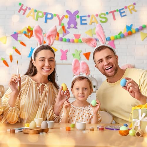 Image of 4 Pcs Easter Day Bunny Felt Banner Colorful Happy Easter Felt Banner Colorful Pink Blue Yellow Pom Pom Ball Garland Bunny Rabbits Pompom Hanging Banner Hanging Garland for Home Party Favors