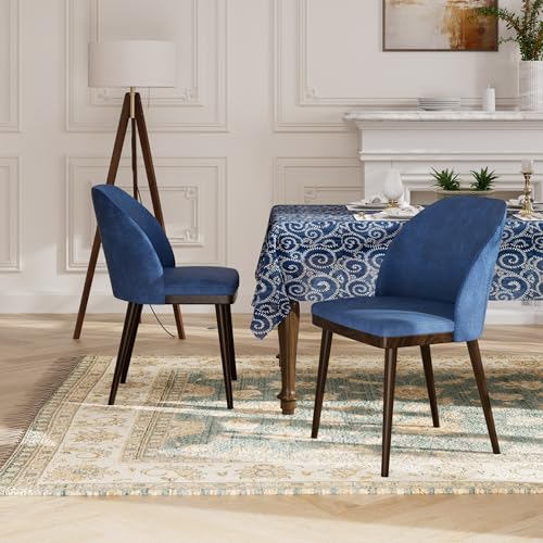 Image of Upholstered Dining Chairs Set of 4 - Modern Dining Room Chairs, Mid-Back Restaurant Kitchen Chairs with Wooden Legs, Blue