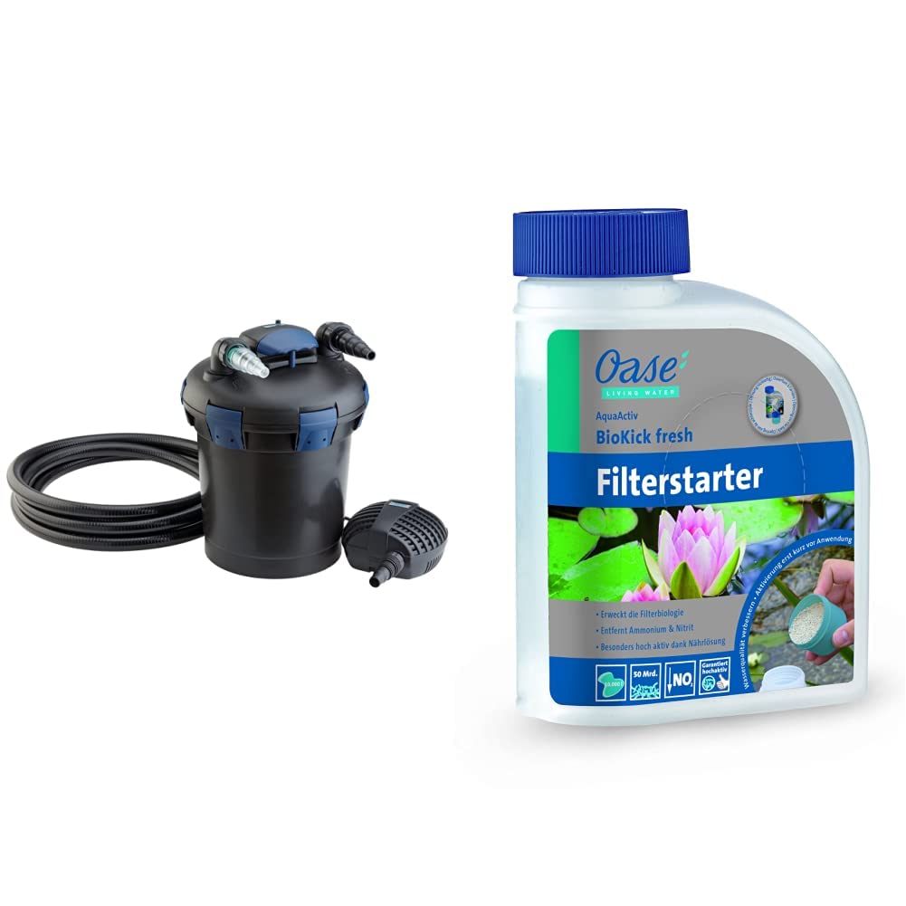 OASE 50455 Druckfilter BioPress Set 10000 & 43145 AquaActiv BioKick Fresh 500 ml für 10.000 l - Filterbakterien/Starterbakterien für Teich, Fischteich, Gartenteich, Schwimmteich