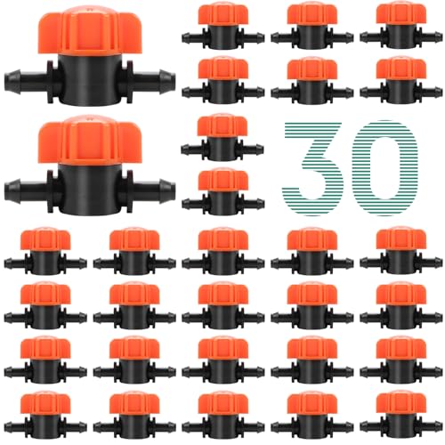 RedChili 30 Pack 1/4' Drip Irrigation Shut Off Valves, in-Line Barbed Ball Valve for 1/4 Inch Drip...