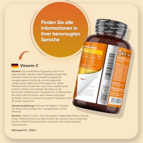 Vitamin C 1000mg pro Tablette - 180 vegane Tabletten für 6 Monate - Vitamin C trägt zu einer normalen Funktion des Immunsystems bei (EFSA) - Vit C mit Bioflavonoiden & Hagebutte - WeightWorld