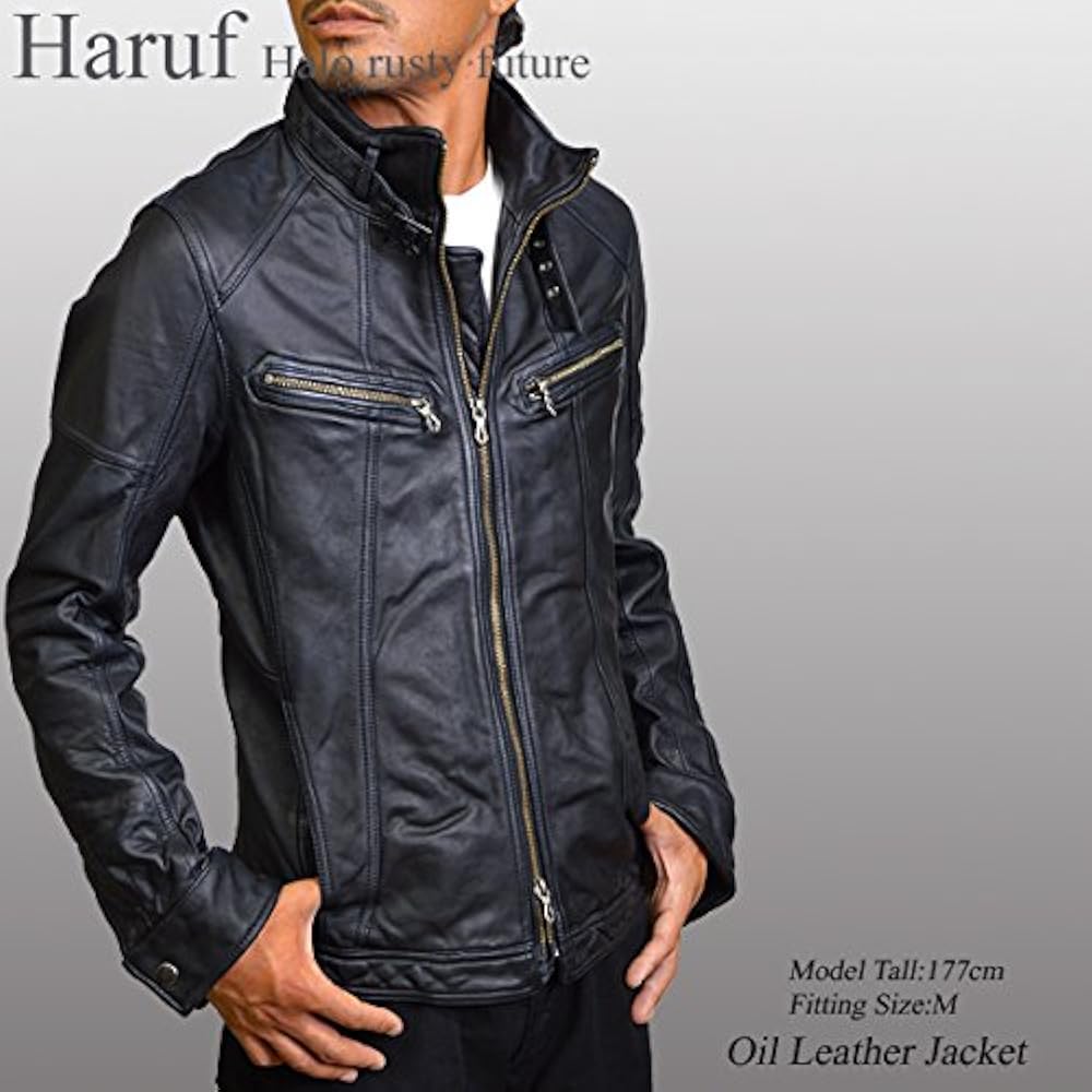 ハルフ Haruf ライダースジャケット 羊革 ラムレザー ダークネイビー L Haruf 革ジャン レザージャケット メンズ 本革 衿付き
