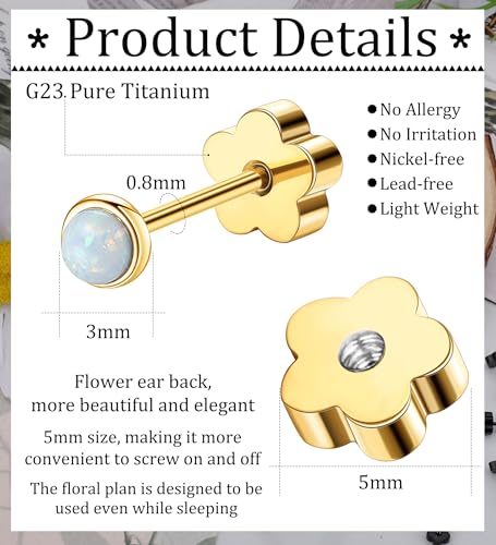 Enticera G23 Titanium Opal Earrings For Sensitive Skin Handmade Flower Screw Back Opal Stud Earrings 20G 14K Gold Hypoallergenic Nap Earrings For Helix Cartilage Piercing Gold 3Mm thumb #2