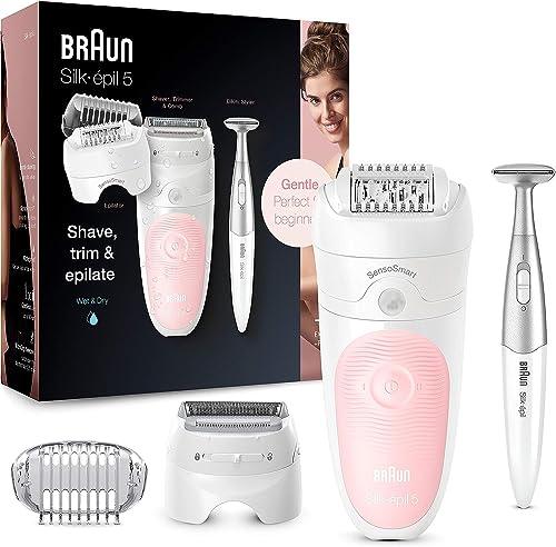 Braun Silk-épil 5 5-820 Depiladora mujer eléctrica, depilación suave para principiantes, cabezal de rasurado y recorte, pinzas micro-grip, blanco/rosa