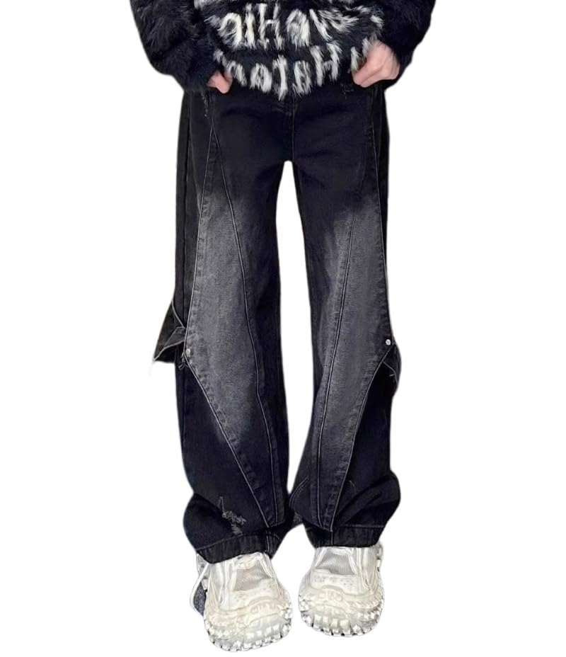 Y2K Vintage Patchwork Baggy Wide Leg Jeans – Washed Loose Fit Denim Streetwear Pants for Men Women, Retro Casual Style
