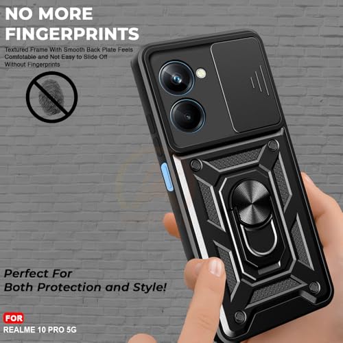 Image of Armor Bumper Back Cover Case for REALME 10 PRO Rotating Camera Cover, Ring Holder & Kickstand | Heavy Duty & 360 Degree Protection REALME 10 PRO Back Cover (Black)