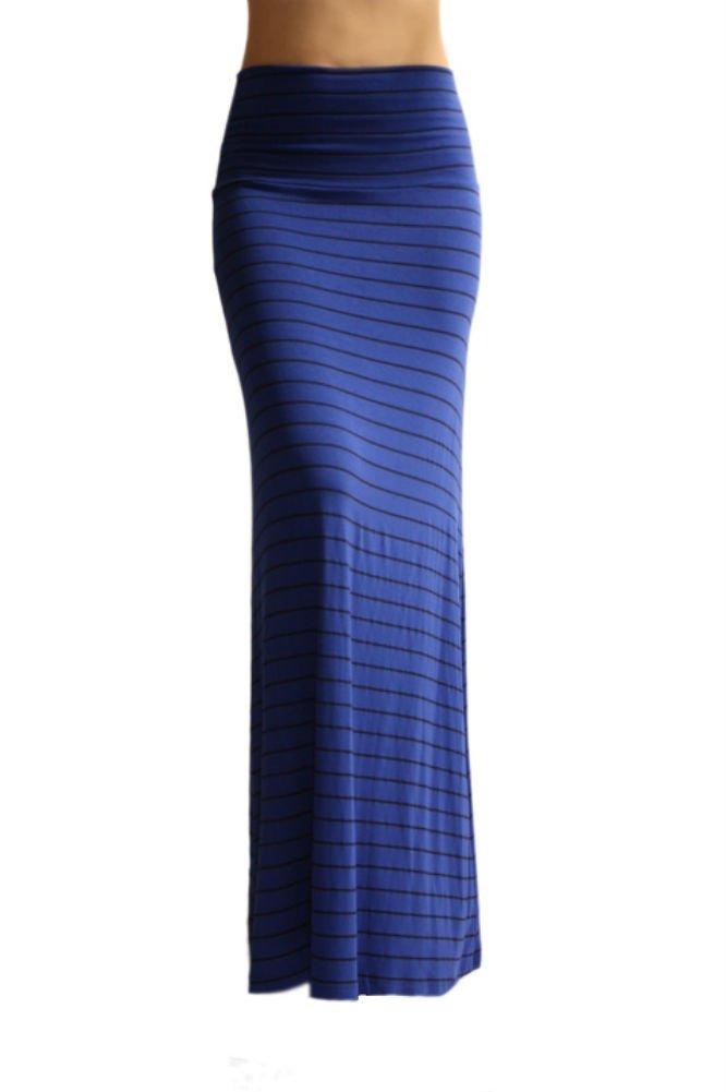 Plum Feathers Women's Rayon Span Striped Banded Maxi Skirt