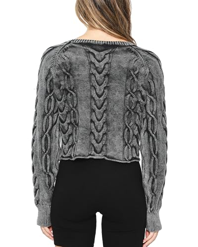 Women's Cable Knit Sweater - Cropped Top Mineral Washed Cotton Pullover, Long Sleeve3