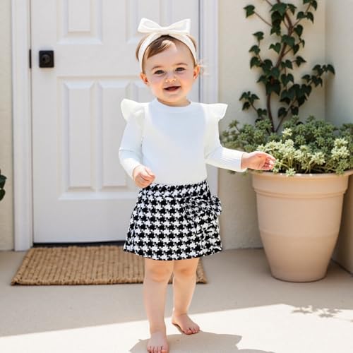 Toddler Baby Girl Skirt Set Knitted Ribbed Ruffle Long Sleeve T-Shirt Tops Plaid Skirt Fall Winter Clothes Outfits3